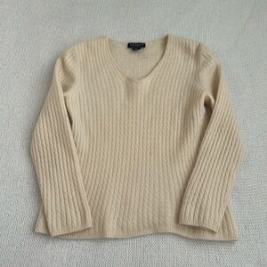 Ann Taylor Cream Cable Knit V-Neck Sweater